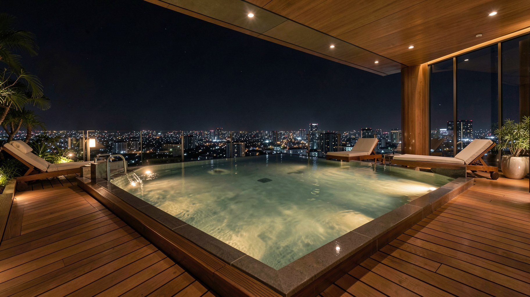 夜景を望む屋上露天風呂のAI生成イメージ写真