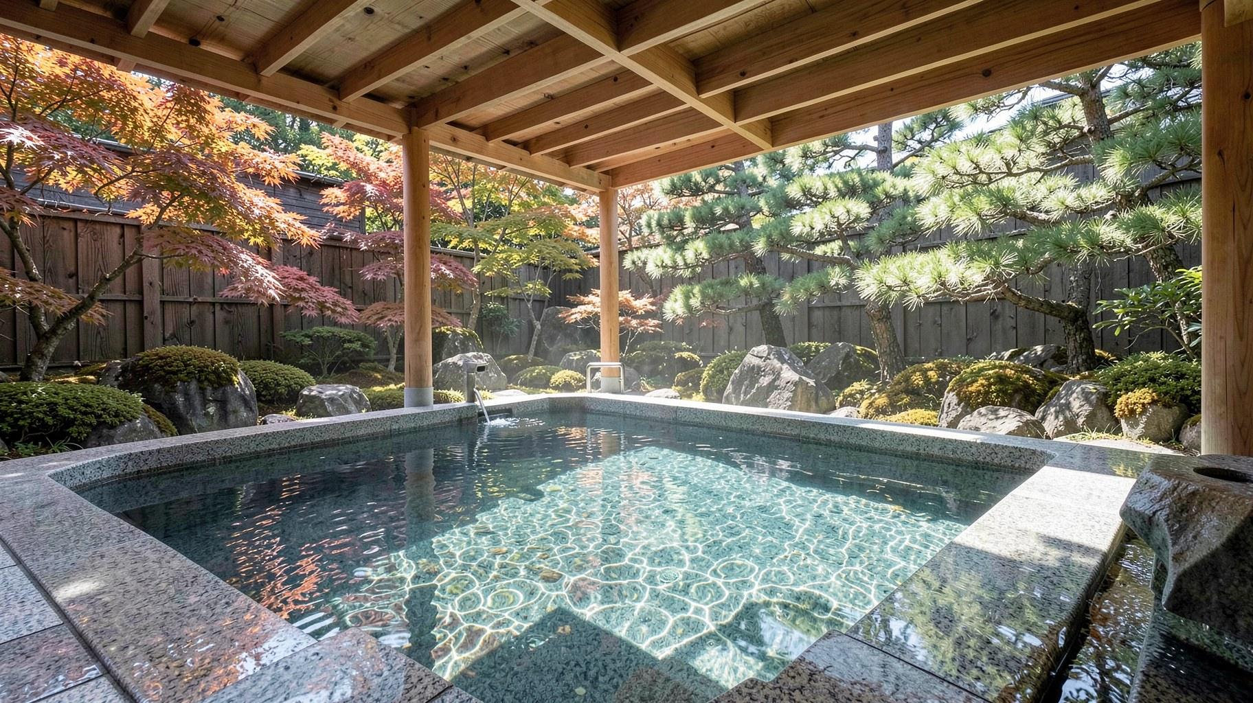 澄んだ湯をたたえ紅葉と松に囲まれた庭園露天風呂のAI生成イメージ写真